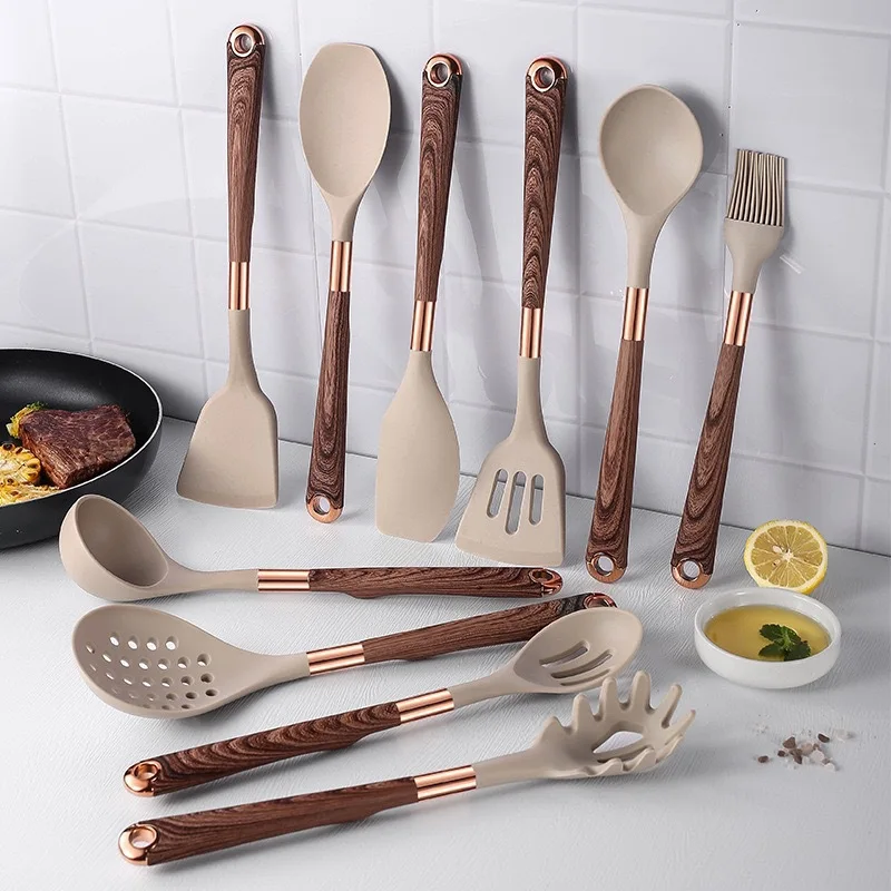 11 PCS Wooden Handle Ins Silicone Spoon Spatula Turner Tongs Kitchen Gadgets Utensil Set for Nonstick Cookware