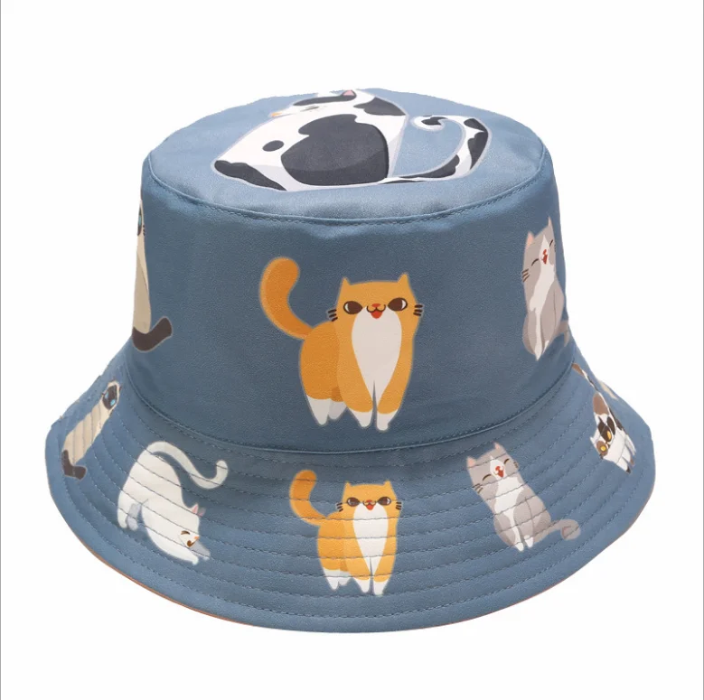 Japanese lovely cat print bucket hat summer outdoor students double-sided fishman hat