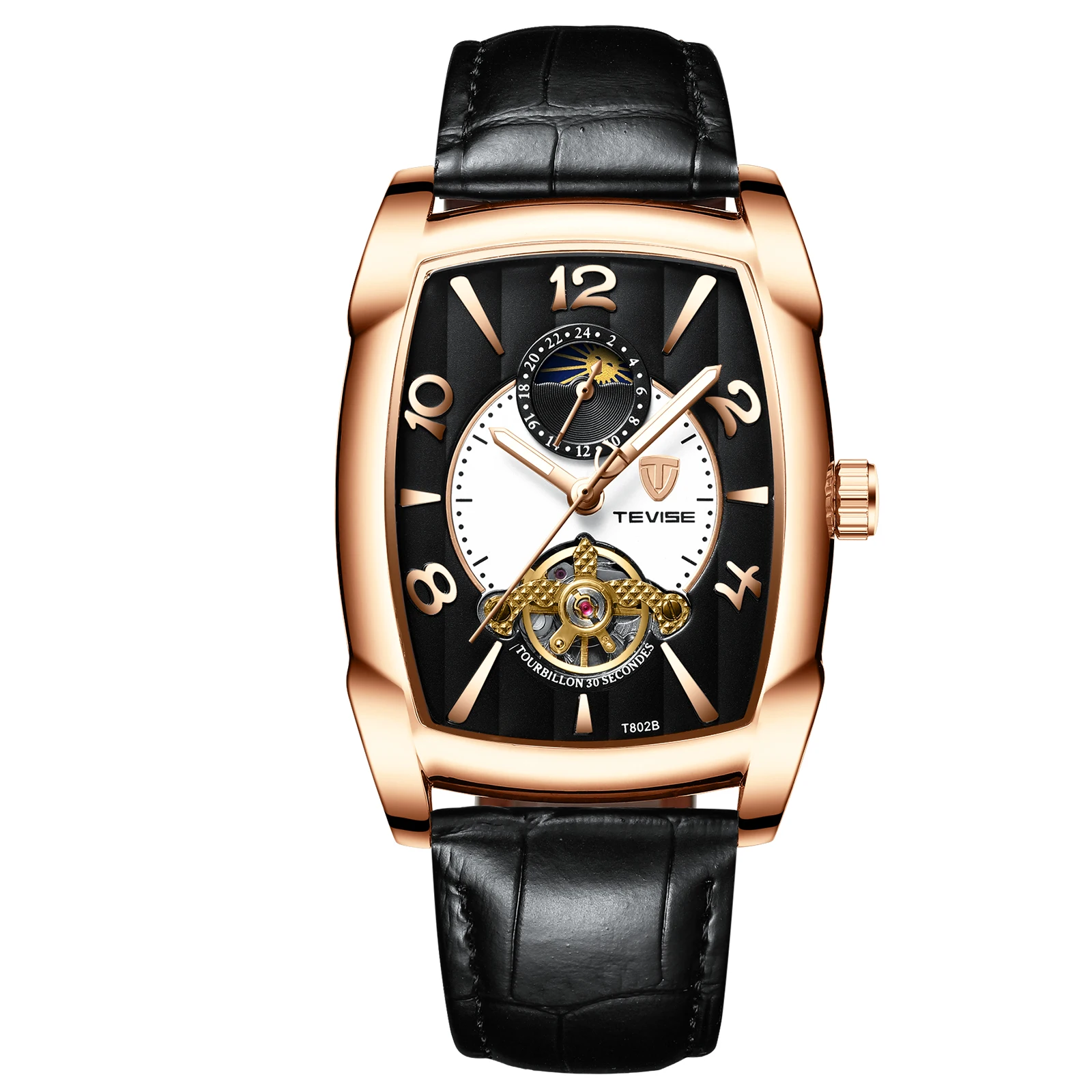TEVISE T802B Men Genuine Leather Square Case Tourbillon Automatic Mechanical Sports Wrist Watch Waterproof