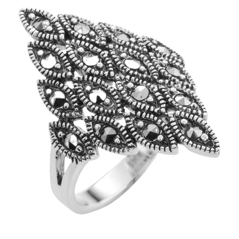 Manufacturer unique design black cubic zirconia custom oxidized silver vintage egyptian inspired marcasite ring