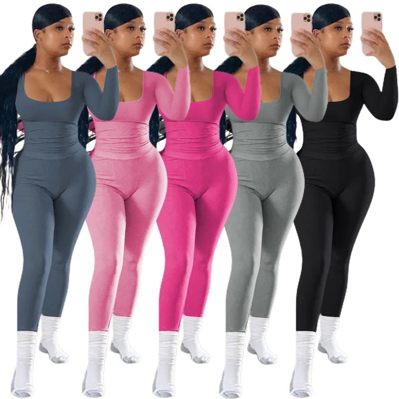 Hot Selling Fall 2024 Women Clothes Long Sleeve  2 Piece Set Ribbed Women With Legging Sports Solid Color Loungewear Women Sets
