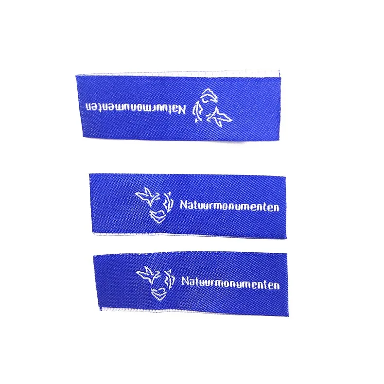 Spain wholesale nice quality blue polyester Letter Name customize designer labels for clothing Center Fold woven garment label