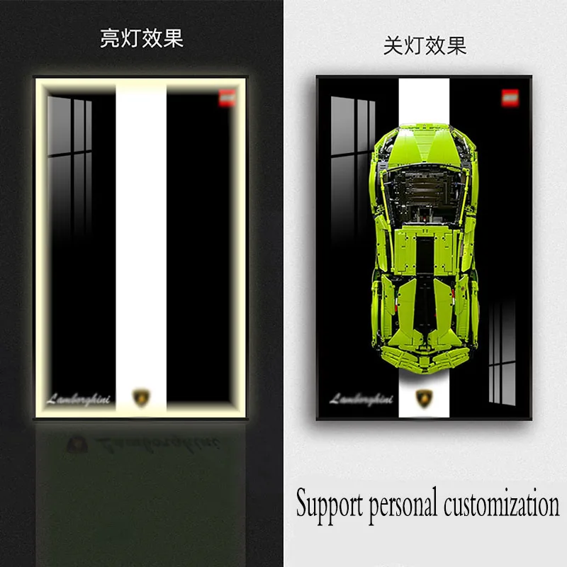 Custom Hanging Art Deco Decorative Glass Display Modern Famous Sports Car Wall Mural Building Block Frame LED Famous With Light