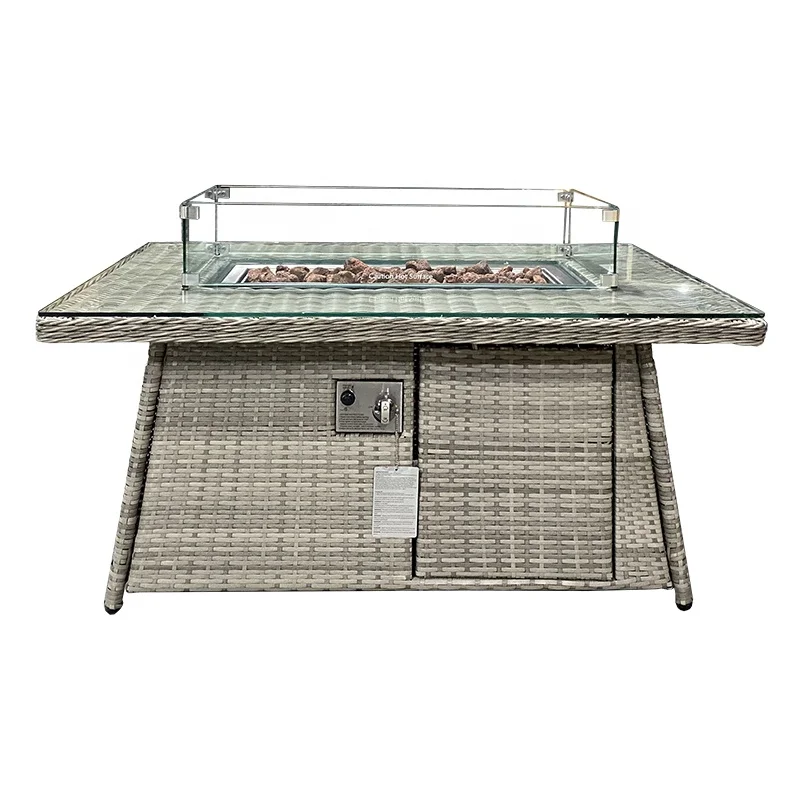 Luxury KD Patio Outdoor Garden Furniture Rattan Rectangular Fire Pit Dining Coffee Table 120*70cm With Glass Top