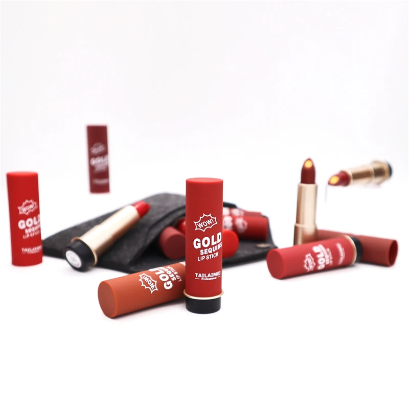 Factory Custom 12 Colors Private Label Matte Lip Stick With Gold Moisturizing Long Lasting sequins  Lipstick Glowing