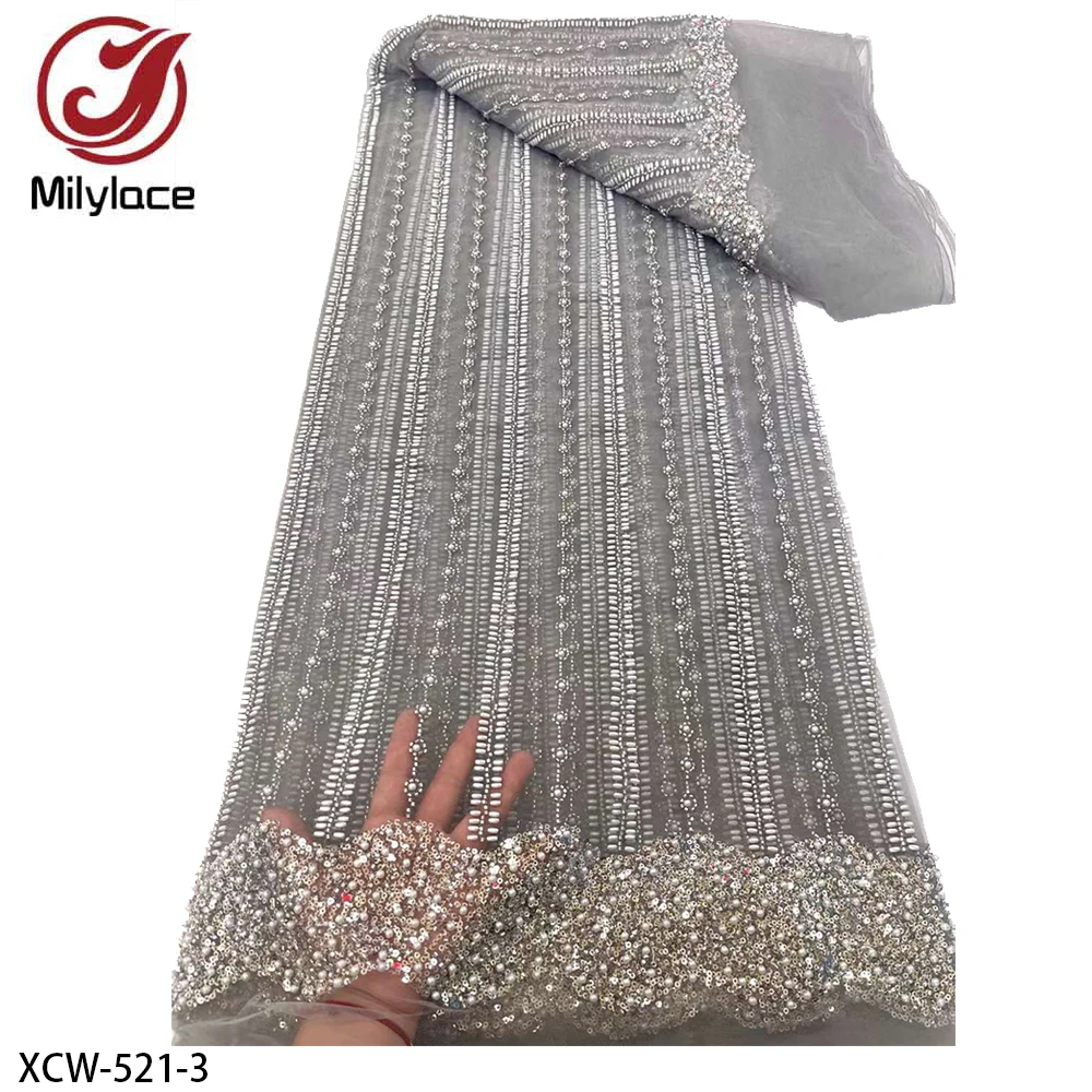 Hot Design Fabric Wholesale Beaded Sequined Lace Fabric Rhinestones Embroidery African Beaded Lace Fabric