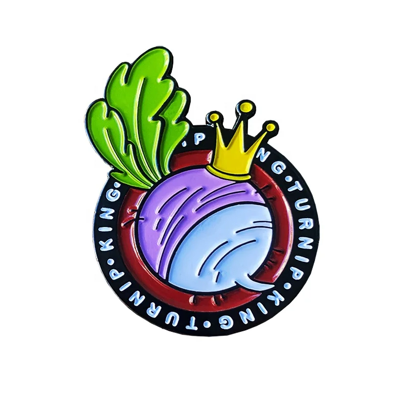 Custom Cool Wearing a Crown Turnip Black Round Lapel Pin Famous Brand Advertising Black Dyed Soft Enamel Wholesale Manufacturer