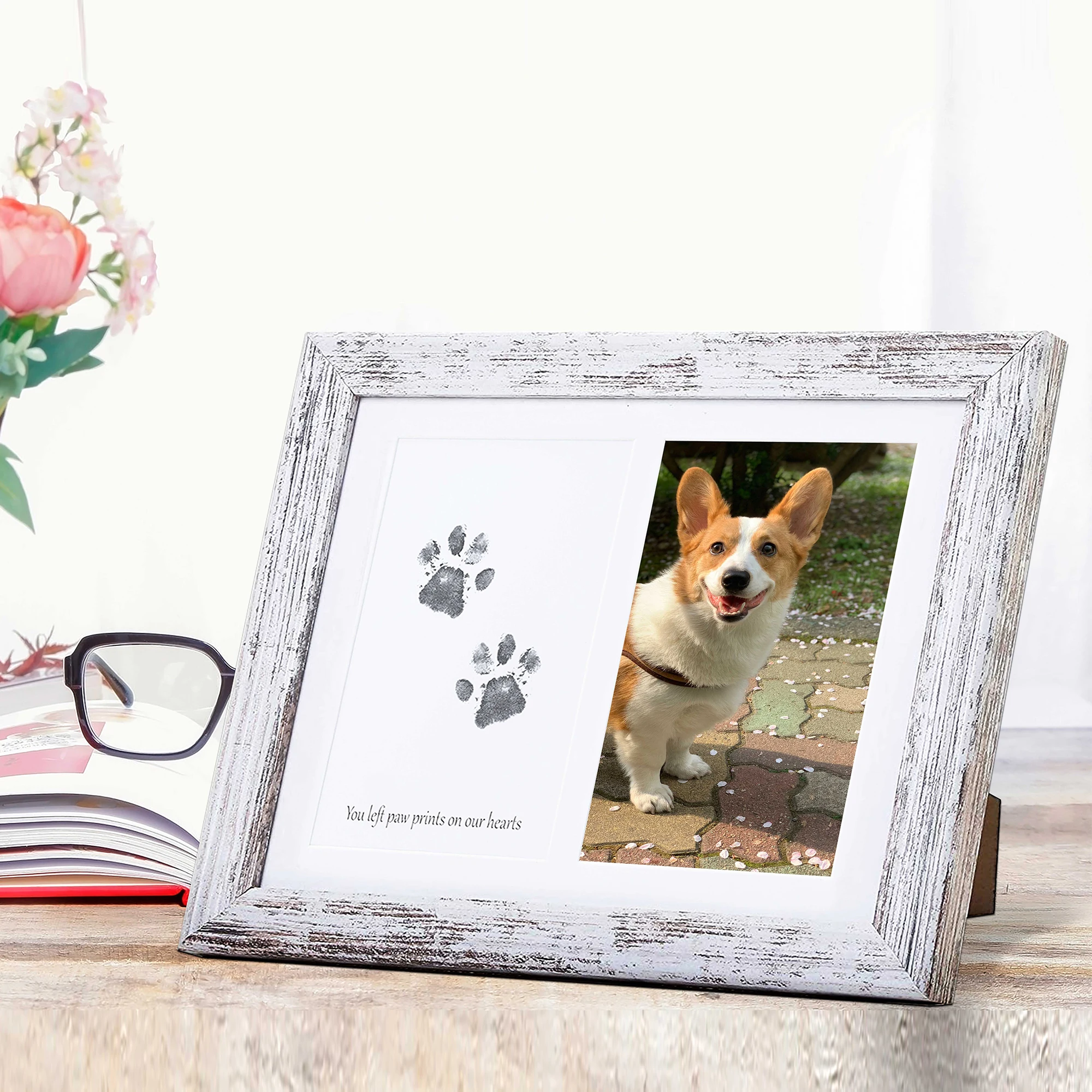 Dog Paw Print Frame Kit Distressed White Rustic Style Pet Paw Print Picture Frame No Mess Ink Pad for Dogs and Cats