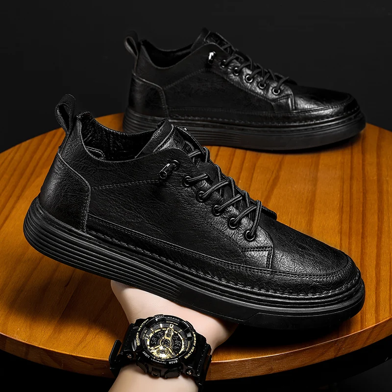 Men Fashion Cool Genuine Leather Casual Soft Flat Black High Top Rubber Pu Warm Non Slip Durable Boots