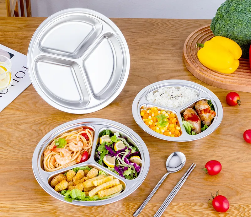 Premium 304 Stainless steel round dinner plate  3 Section Round Dinner Plates ,Indian Thali Plate