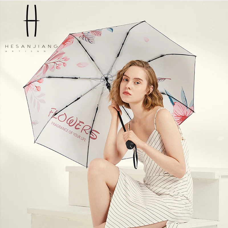 Pink flower decorated umbrellas manual three folding black coating uv protection umbrella