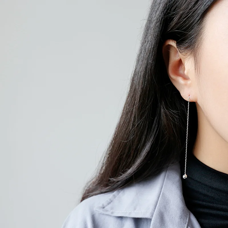 S925 silver fashion women wire long earrings simple women chain wire bead drop  long earrings