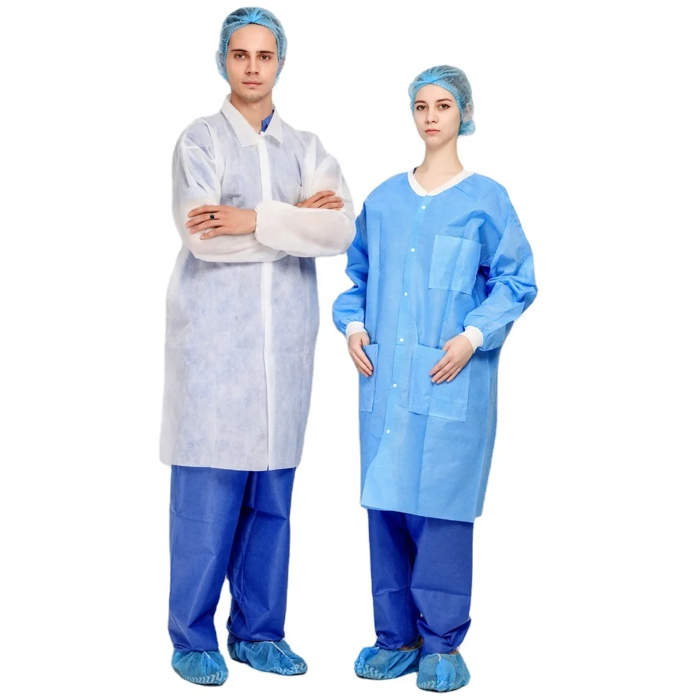 Disposable PP SMS non woven lab coat with knitted cuffs and collar