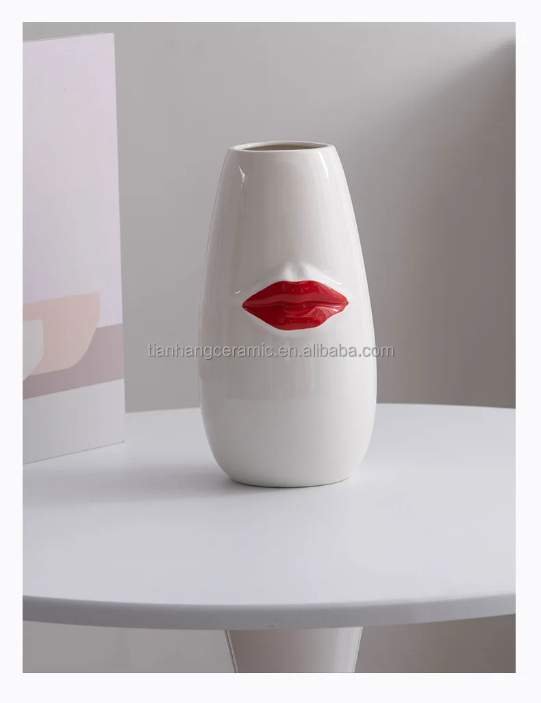 High Luxury Minimalist Boho Creative Floral Vases Ceramic Modern Vases for Home Decor Decorative Vase with Red Lip.jpg
