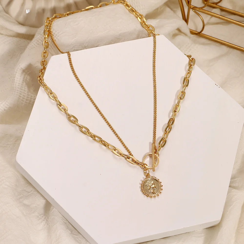 Punk Gold Coin Pendant Necklace Cuban Multilayer Chunky Thick Chain Pearl Choker Butterfly Necklaces Jewelry Party