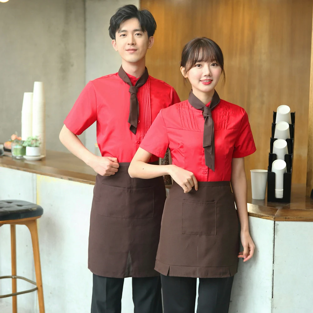 
Waiter short sleeve shirt set Restaurant hotel staff uniform leader towel Pure color cleaner uniform 