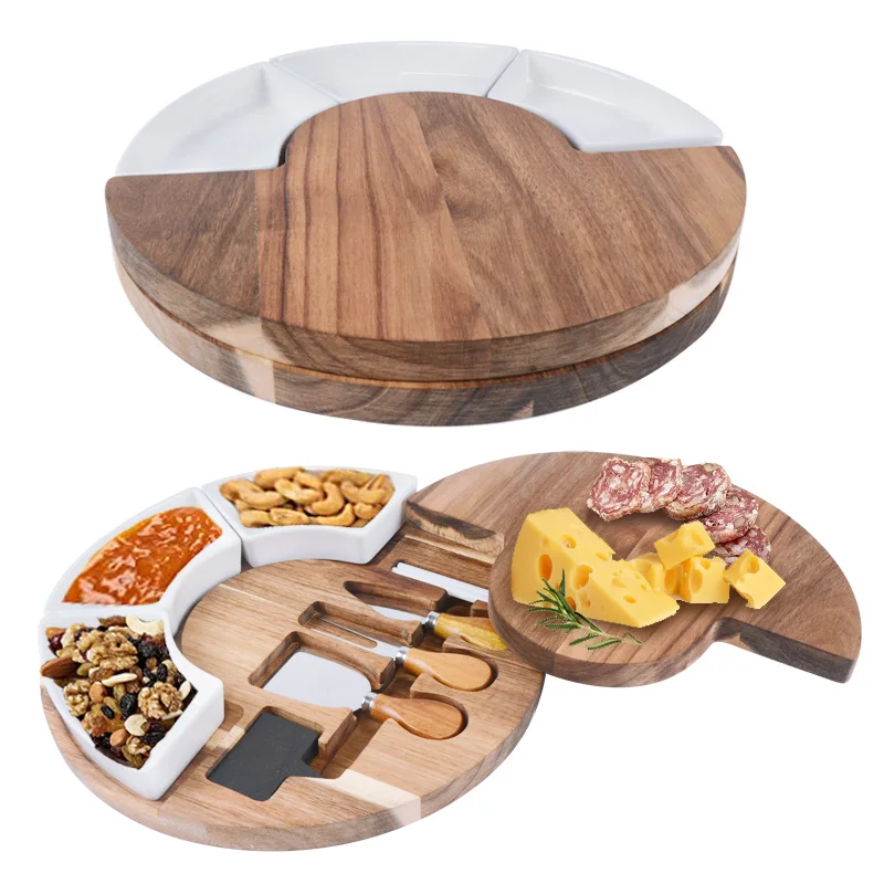 Wholesale round natural acacia wood cheese serving board with 3pcs knife fork cutlery tools and ceramic bowl