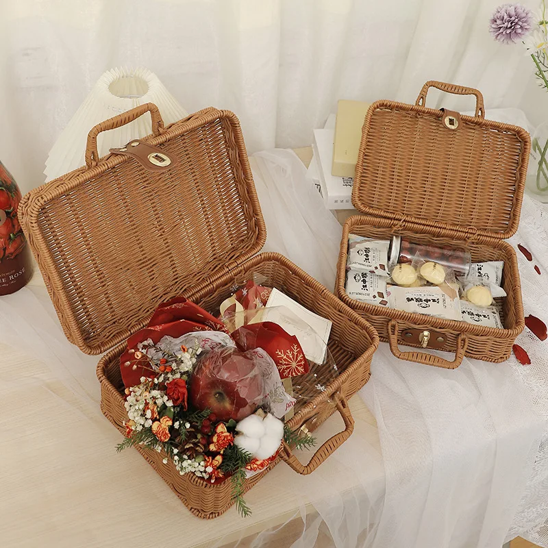 Iron frame rattan portable storage box picnic handmade classic retro storage box household goods storage box