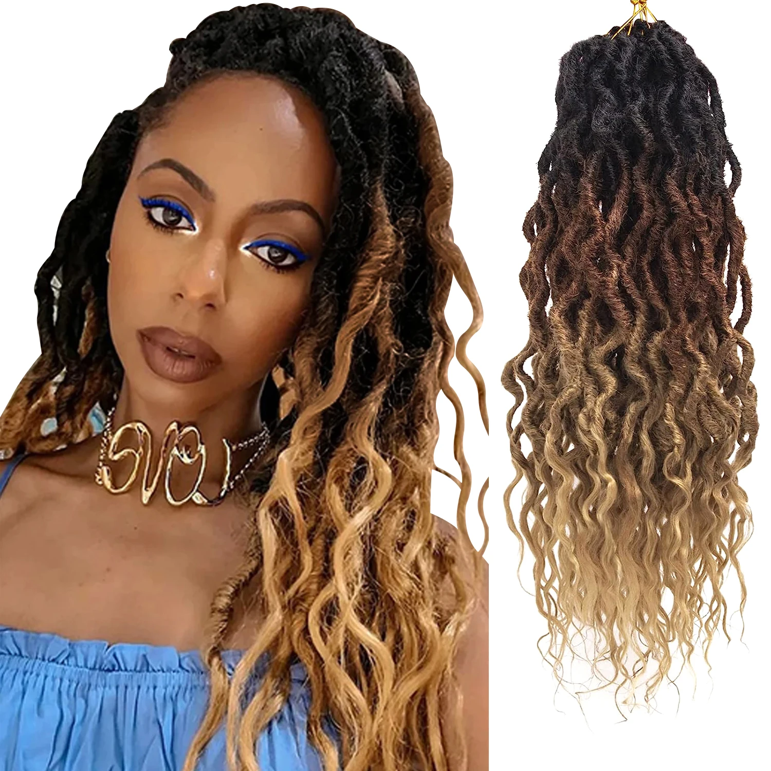 Goddess Faux Locs Crochet Hair With Curly Ends Wavy Queen Locs Pre-Looped Synthetic Ombre Braids Hair Extensions