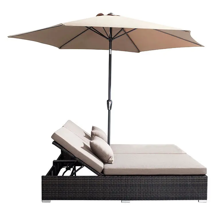 Swimming Pool Beach Bed Recliner Hotel Courtyard Rattan Double Sun Lounger With Umbrella