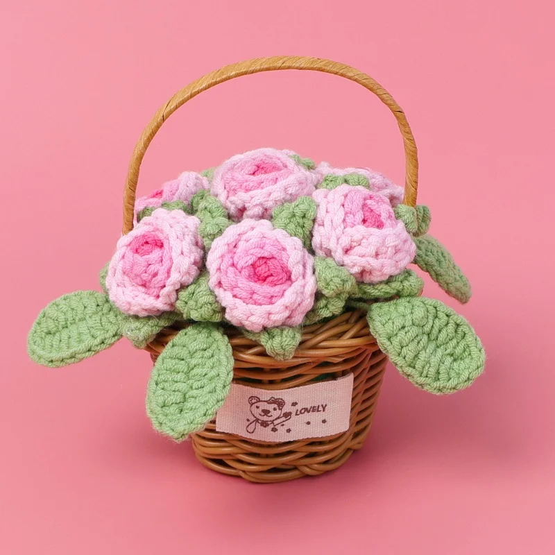 H366 Finished Hand Knit Wool Crochet Multi Roses Small Flower Basket Handmade Rose Arrangement Holiday Gift