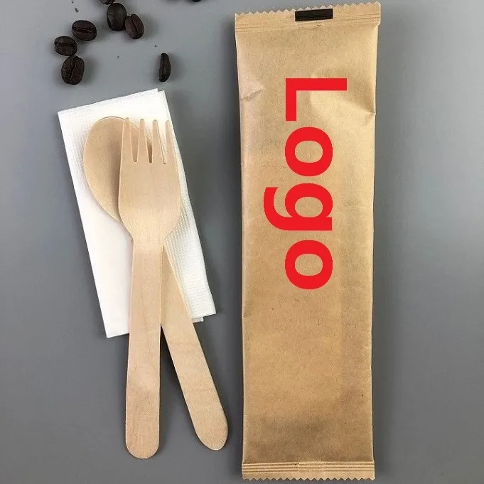 Promotional low price biodegradable wood cutlery set disposable knife spoon fork napkin 4 in 1 with logo