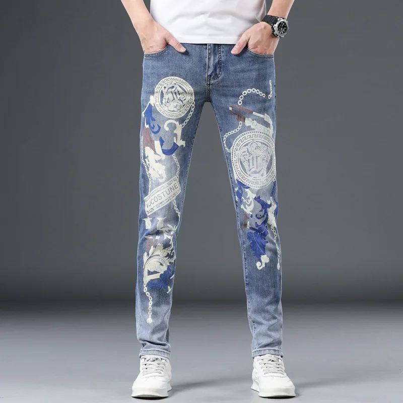 Fashion Hip Hop Streetwear Printed Men Designer Hip Hop Pants Slim Fit Punk Style Designer Jeans