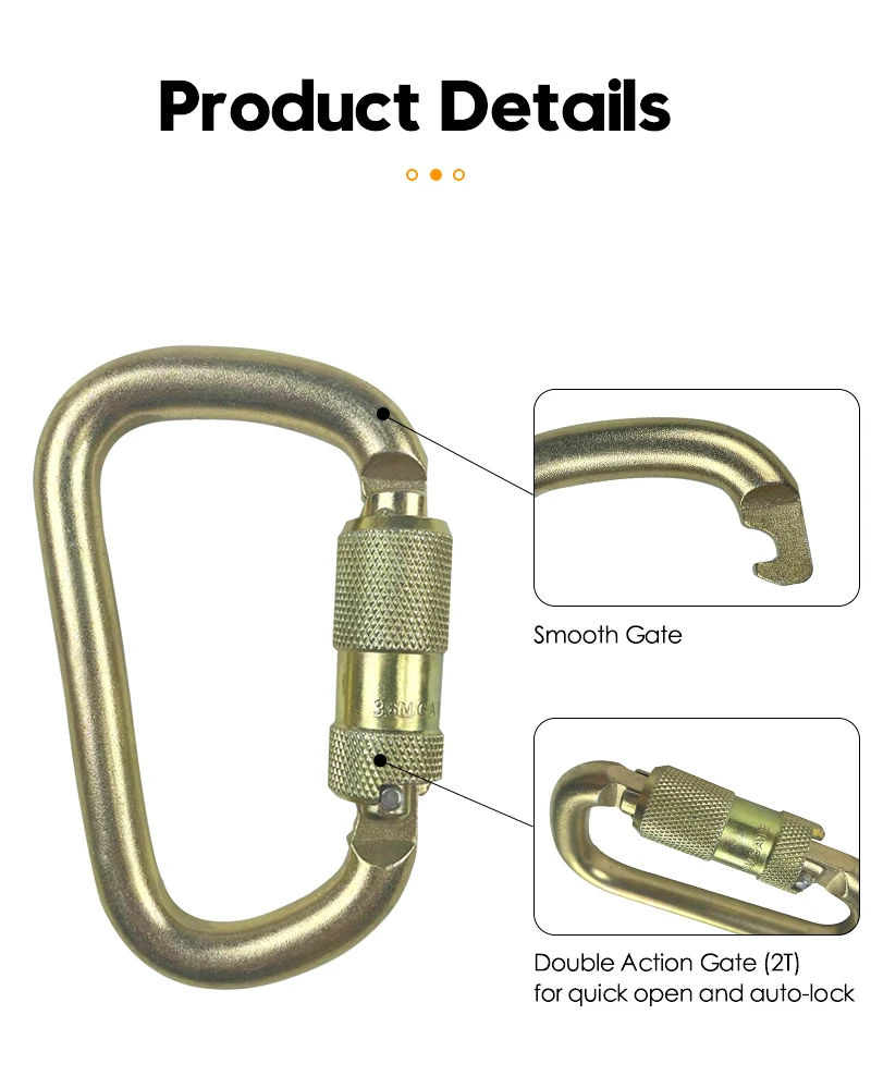 Heavy Duty ANSI D Shape Auto Locking 41KN Safety Carabiners for Lanyard