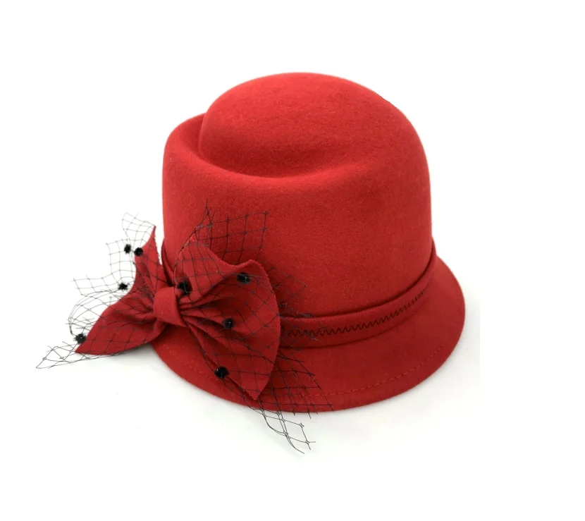 Wholesale Handmade Ladies Wedding Red Dress Wool Felt Cloche Church Hat Dress Women Wool Felt Party Hats With Bow Girl Female