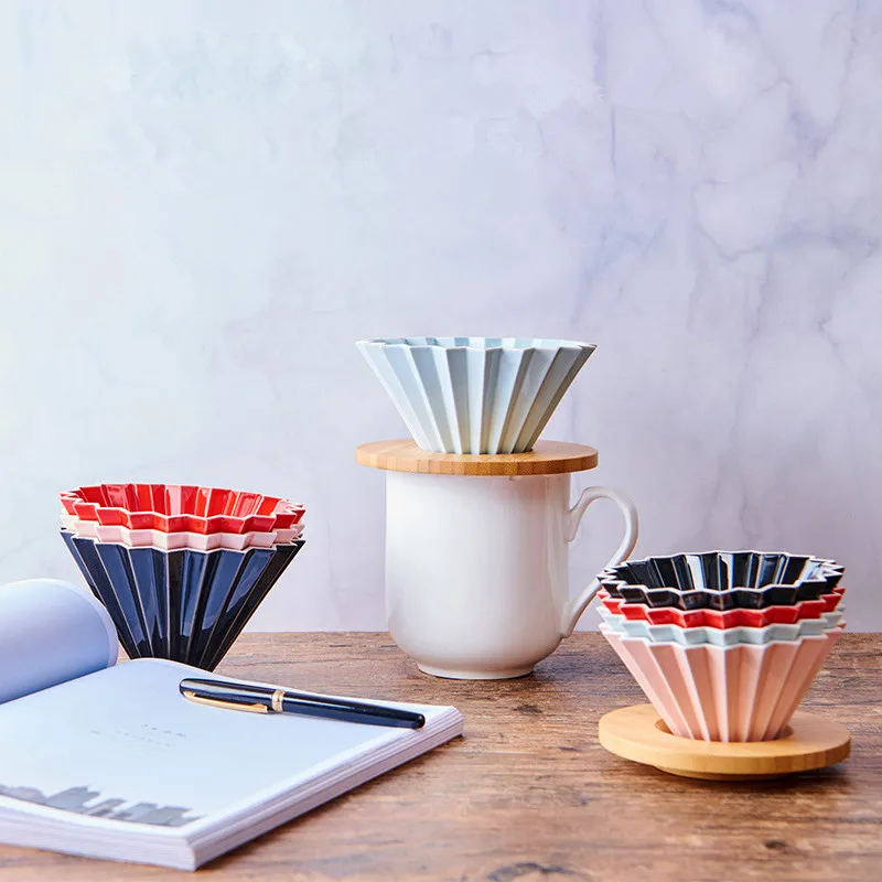 black color Japanese style Ceramic Dripper Pour Over Coffee Filter Cup with wood base