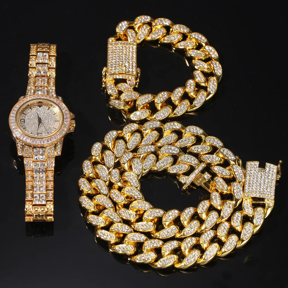Hip Hop Iced Out Jewelry Bling Diamond Popular Silver Gold Cuban Miami Chain Necklace Bracelet Watch Set for men
