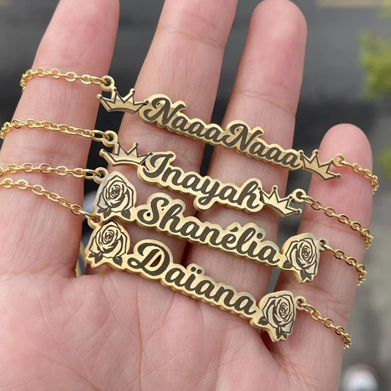 New Crown Customized Name Necklace Rose Name Plate Necklaces Custom Jewelry 18k Gold Plate Women Girl Personalized Fashion