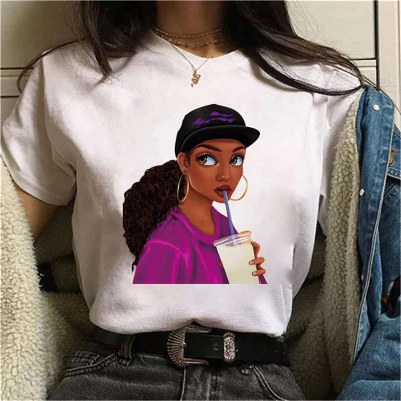 Women Curly Hair Girl Black Shirt Girl Harajuku Casual White Top T Shirt Summer Female Short Sleeve Cotton T-Shirt