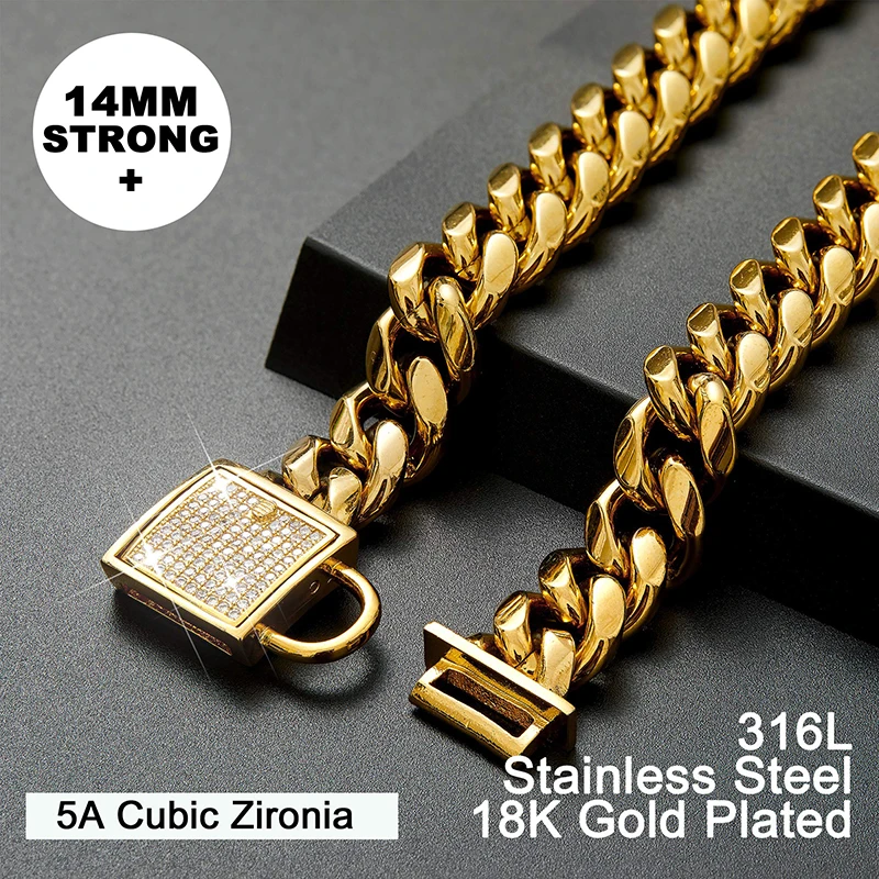 Cuban Link Dog Collar Designer rose Gold Chain Collar with Zirconia Locking 14mm Metal Puppy Collar Luxury Dog Bling Necklace