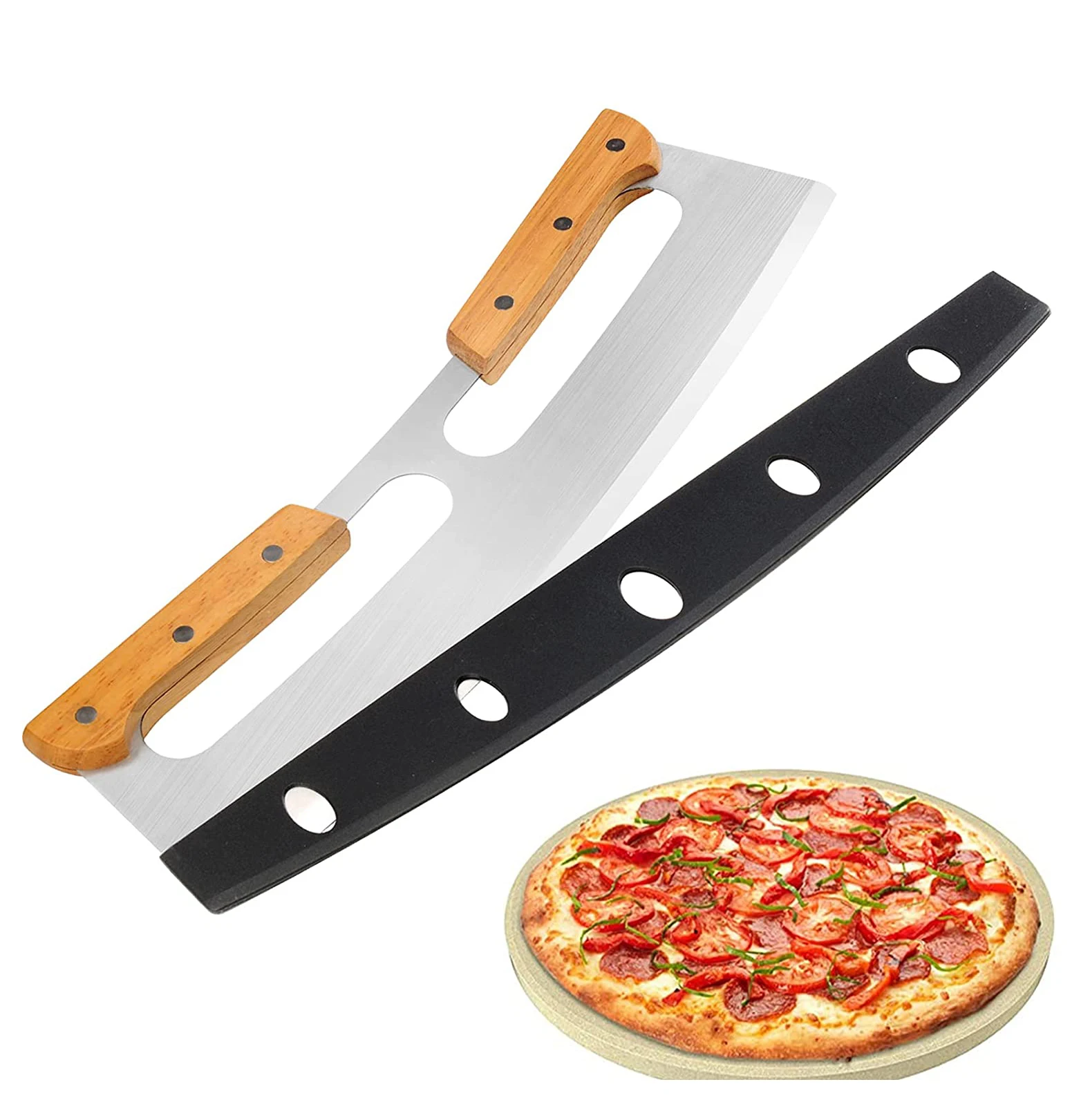 Sharp Stainless Steel Pizza Cutter Rocker with Wooden Handles Pizza Slicer