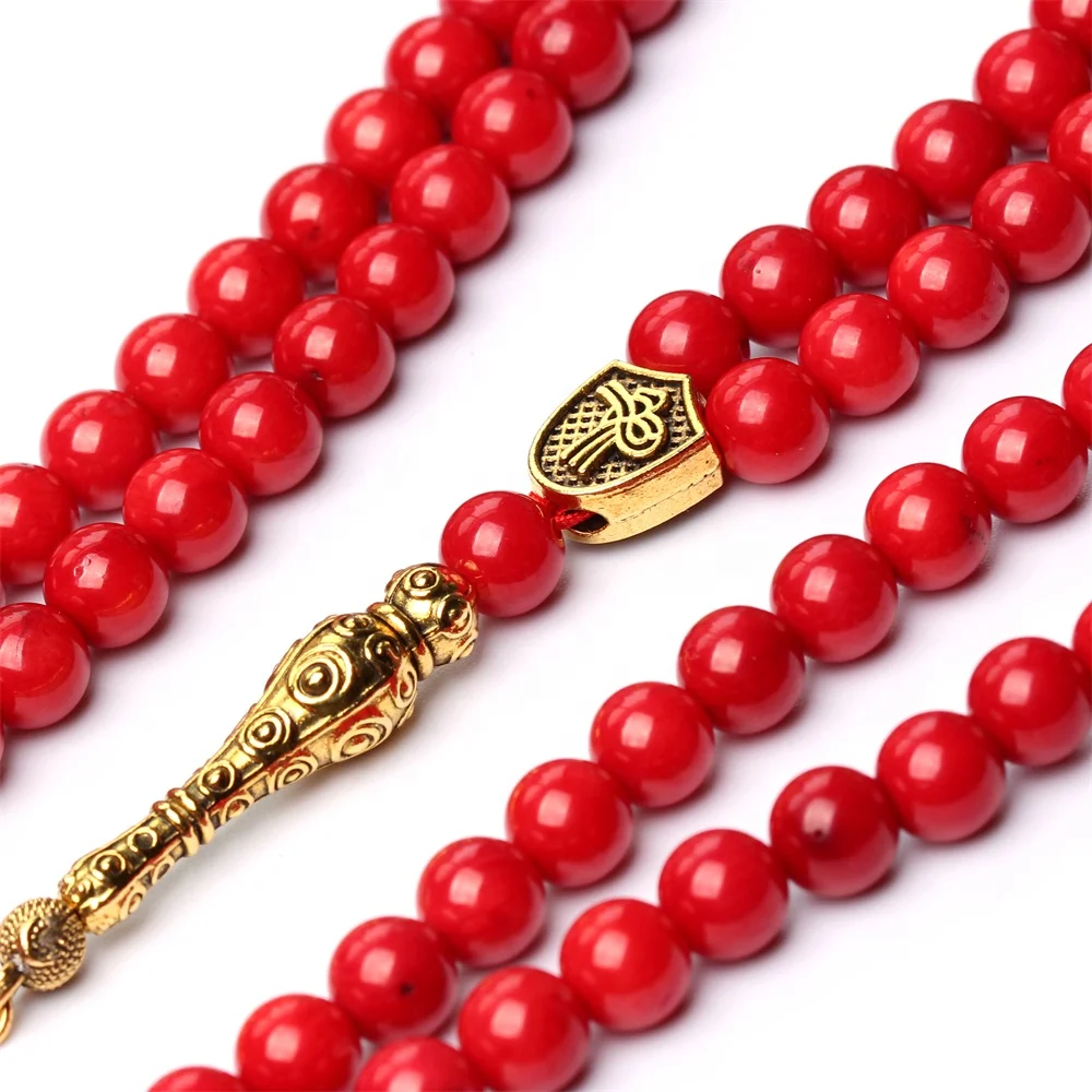 Factory Sale Pure Natural Round Shape Red Coral Stone 99 Beads Muslim Prayer Beads Islamic Tasbih Misbaha Sibha Rosary