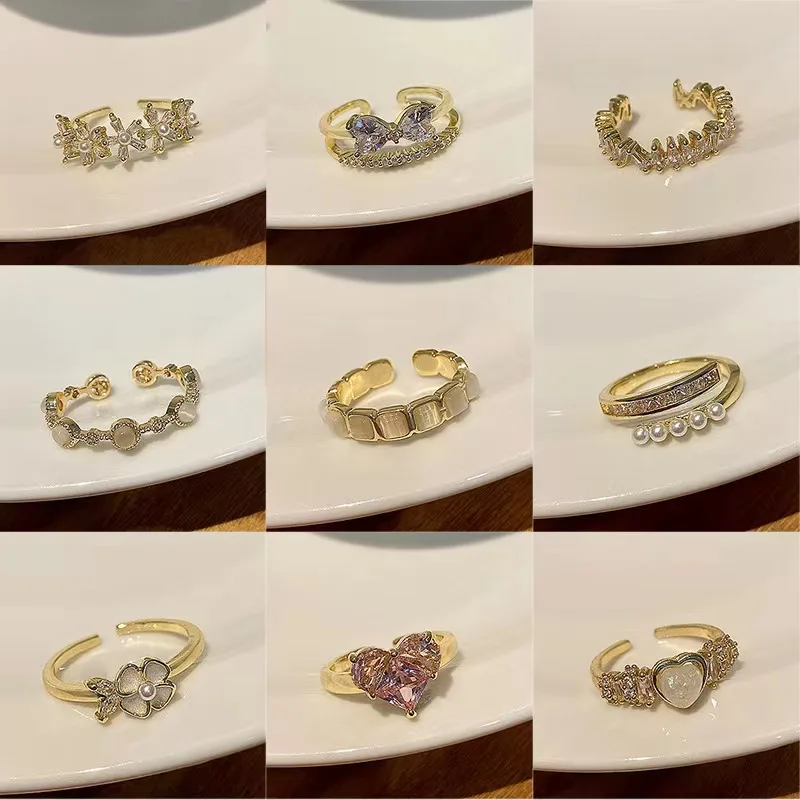 Korean Adjustable Small Cute Pearl Rings Jewelry Ladies Hollow Out Open Bowknot Gold Finger Ring
