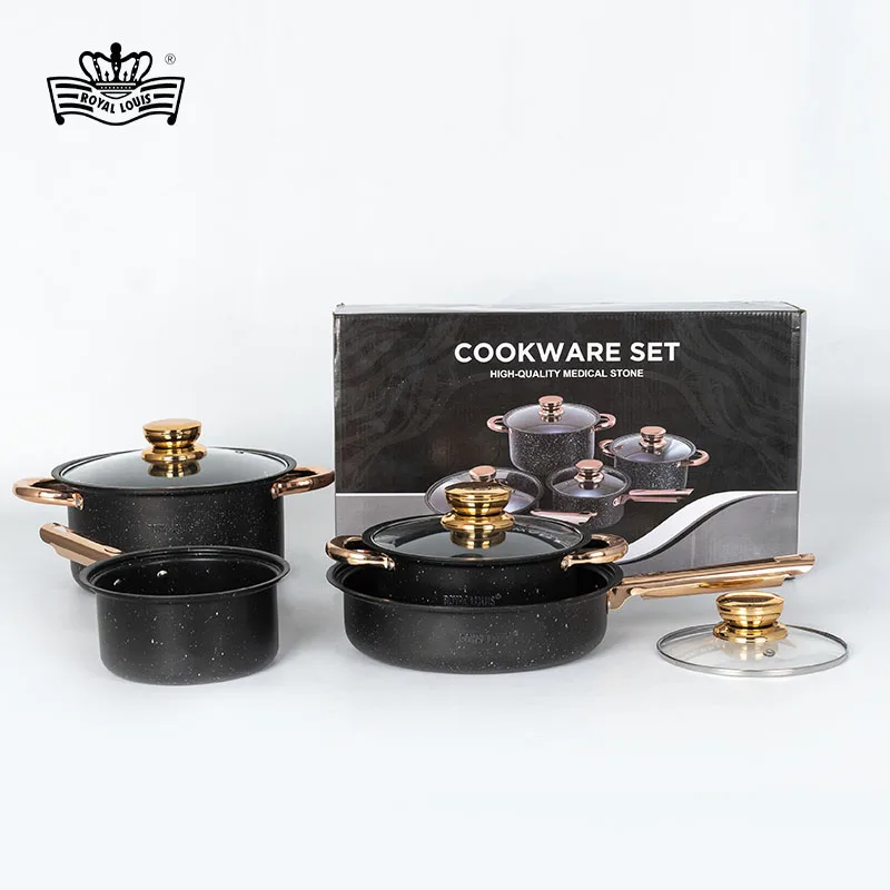 Factory wholesale 8 pieces pot set black granite cookware set marble non stick coating sauce pan stock pot frying pan