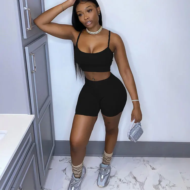  10 Colors Tank Tops Fashionable Vest Women Blouses Casual Wear Plain Crop Top and Skinny Booty Shorts 2 Piece