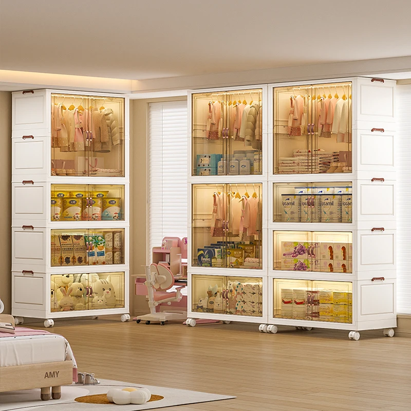 Kids Wardrobe Transparent Plastic Foldable Storage Cabinet For Cloth