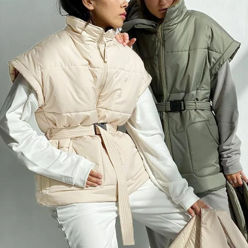 2021 New Fashion Spring Autumn Stand Collar Shrug Vests Women Elegant Tie Belt Waist Casual Coats Women Zipper Pockets Vests