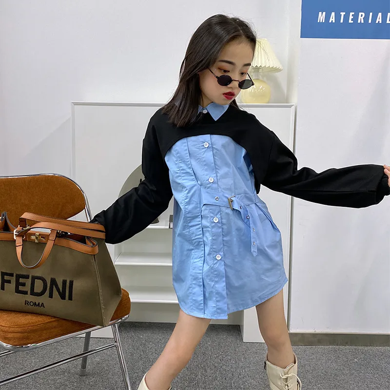 
2021 New Children Girl Blue Long Sleeve Dress Shirt with Crop Top 2 pcs Set 120-170cm Height 