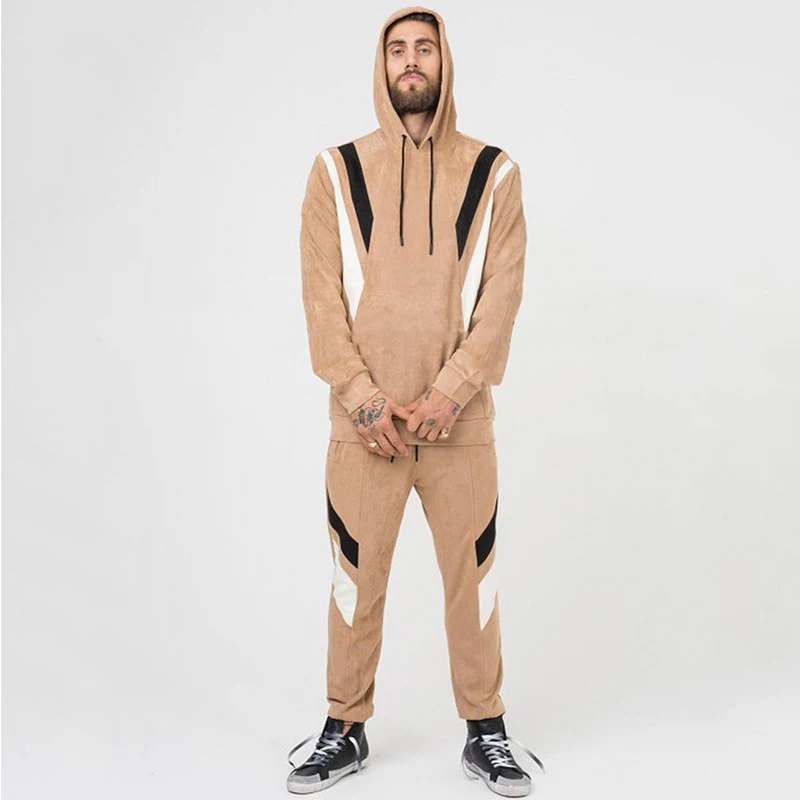 
Wholesale High Quality Winter Color Block Velour 2 Piece Tracksuit Hoodie And Jogger Set Men 