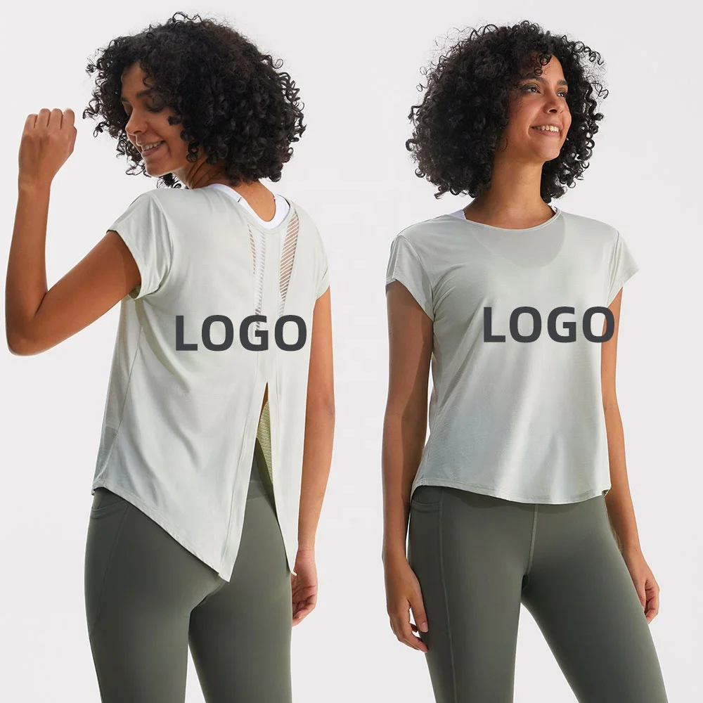 Summer Mesh Split Back Yoga Round Neck Short Sleeve Light Breathable Quick Dry Outdoor Running Fitness Loose T-Shirt Female