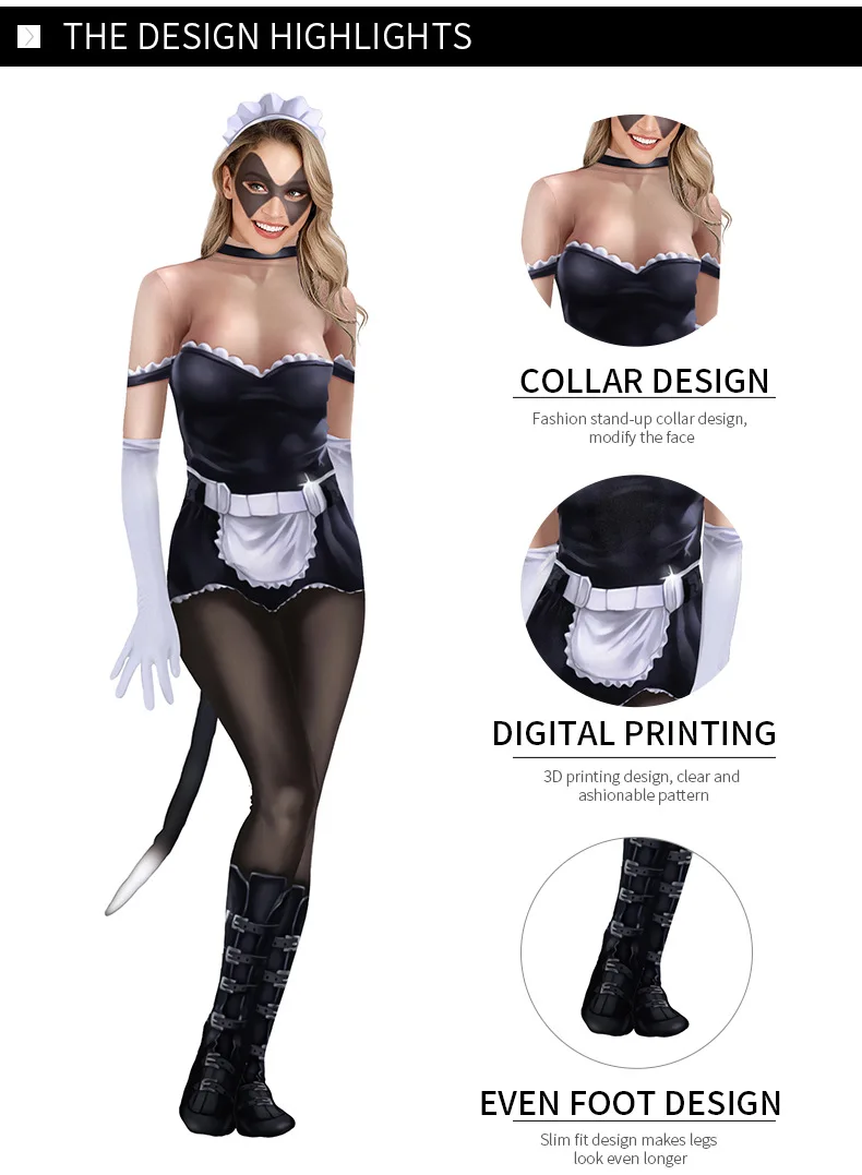 NADANBAO Brand new arrival maid outfit printed mesh jumpsuit sexy ladies bodysuit tight polyester cosplay catsuit women