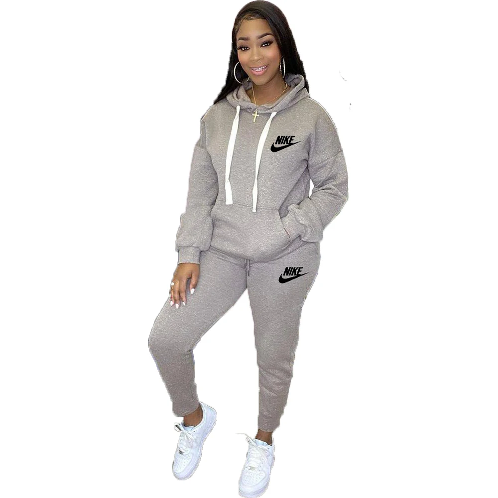 New Upgrade Nike High Quality Fall Pullover Solid Color Sweatsuit Women Joggers Sport Long Sleeve 2 Piece Hooded