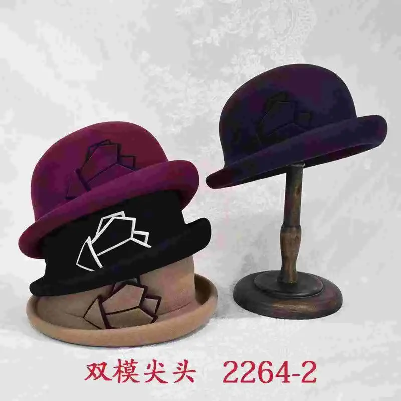 STS Fashion New Bowler Derby Hat 100% Wool Felt Hat Embellishment Double Mold Pointy Beret Hat For Women