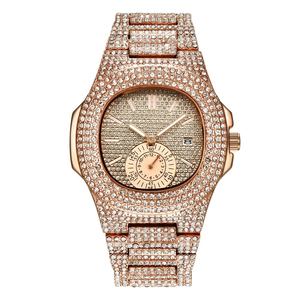 Hot sale Stock Rose gold Watch Diamond  Alfajr Muslim Azan Watch private label mens hip hop watch luxury paraguay
