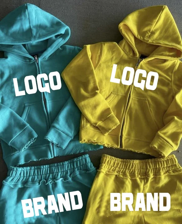 Custom Logo Heavyweight Distressed Zip Hoodies Shorts Plus Size Women Cropped Sweatshirts Set of 2 Pieces Unisex Fleece Fabric