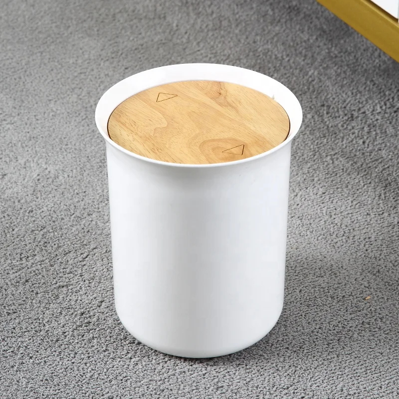 Nordic simple style standing rubbish paper small plastic waste bin cylinder withe PP trash bin with bamboo cover